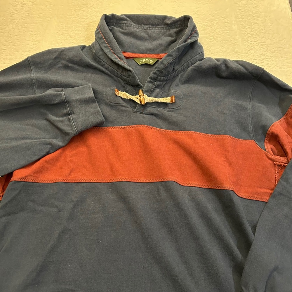 Orvis Rugby Shirt Shawl Toggle Neck Mens XL Blue Red Stripe Long Sleeve Cotton